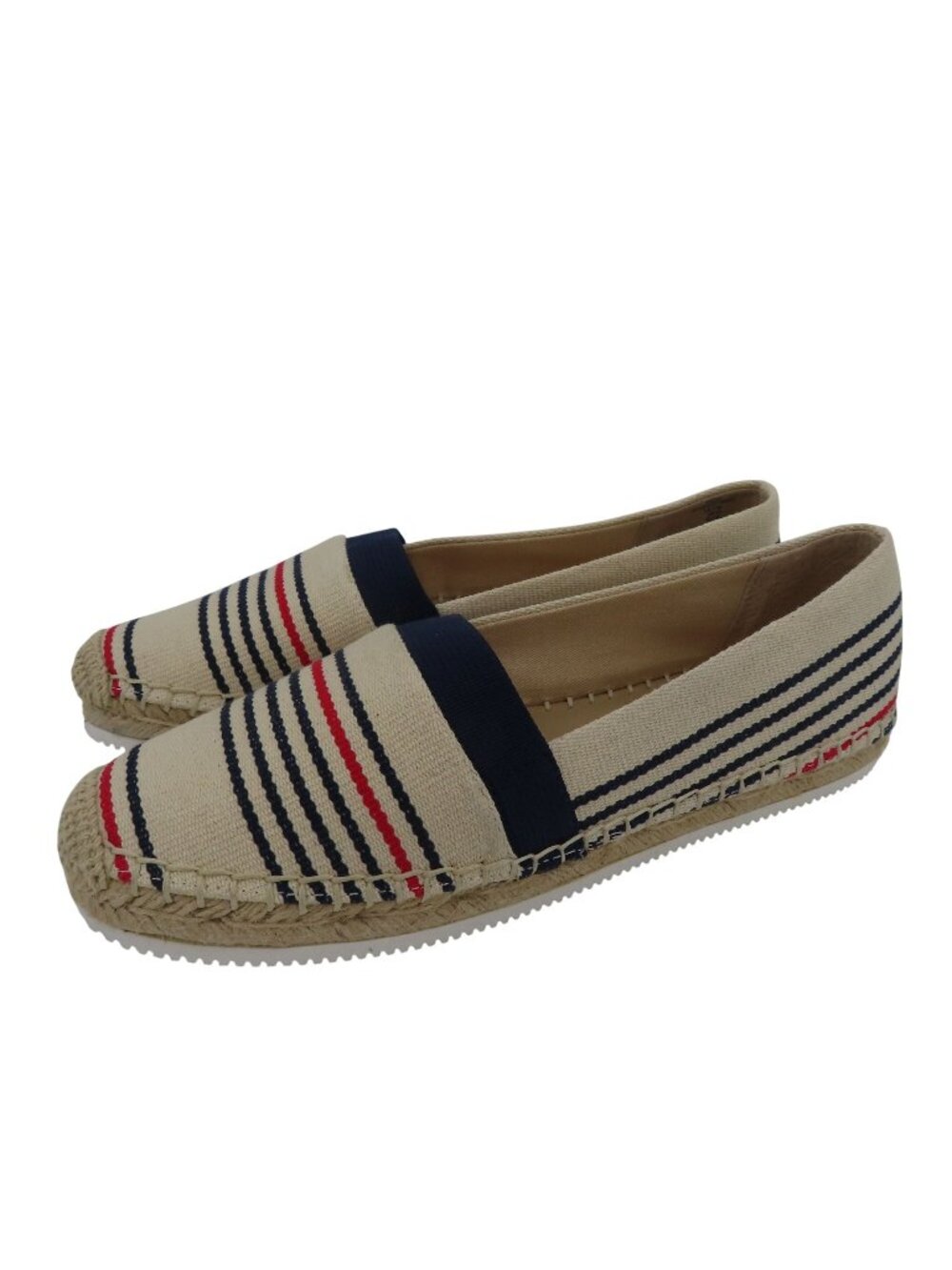 Lands End Women 7.5B Espadrille Flats Slip On Shoes Beige Red Blue Stripe Canvas